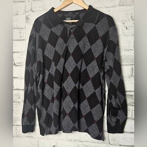 Haggar Mens Argyle Sweater Diamond Check Grey & Black Pullover Buttons Collar